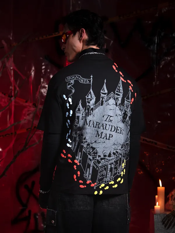 WB By Highlander Men Black Harry Potter Printed Round Neck Oversized Fit T-Shirt