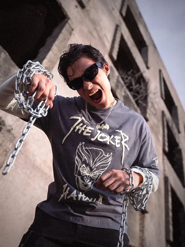 DC By Highlander Men Grey Batman Printed Round Neck Oversized Fit T-Shirt