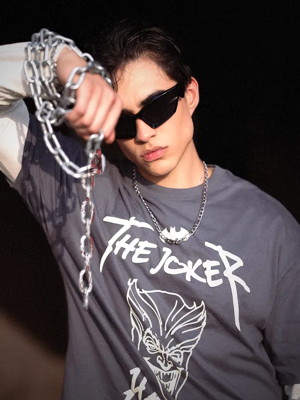 DC By Highlander Men Grey Batman Printed Round Neck Oversized Fit T-Shirt