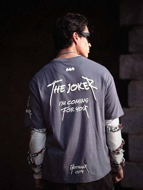 DC By Highlander Men Grey Batman Printed Round Neck Oversized Fit T-Shirt