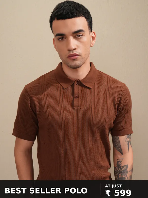 Highlander Men Brown Self Design Polo Collar T-Shirt