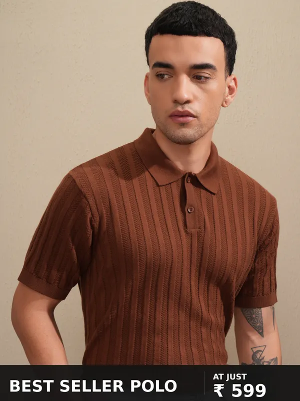Highlander Men Brown Self Design Polo Collar T-Shirt