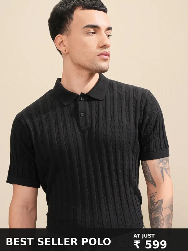 Highlander Men Black Self Design Polo Collar T-Shirt