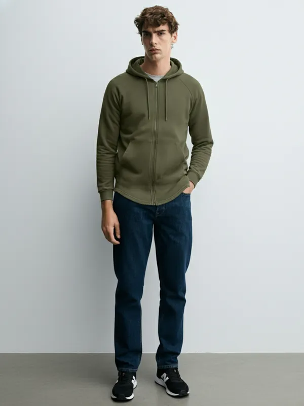 Highlander Men Olive Hooded Front-Open Sweatshirt