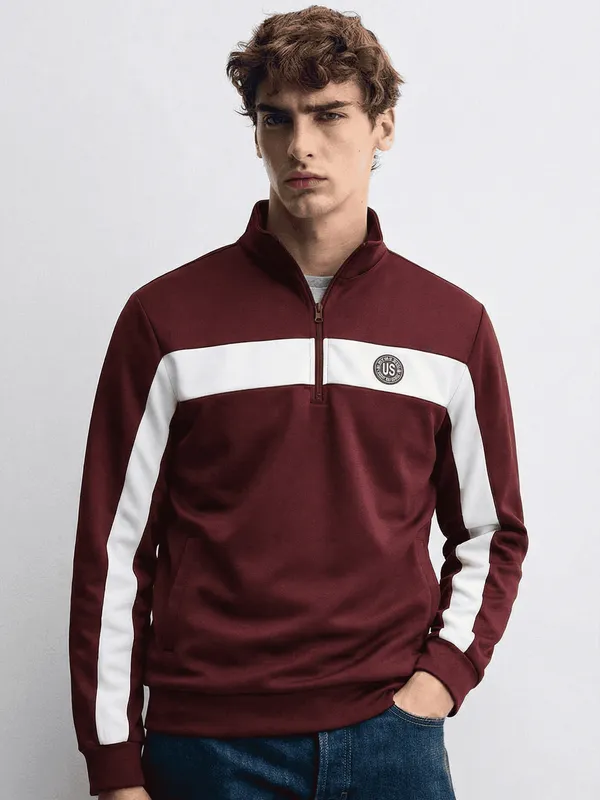Highlander Men Maroon Mock Collar Front-Open Sweatshirt
