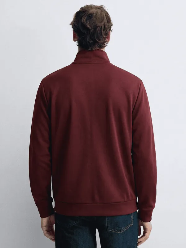 Highlander Men Maroon Mock Collar Front-Open Sweatshirt