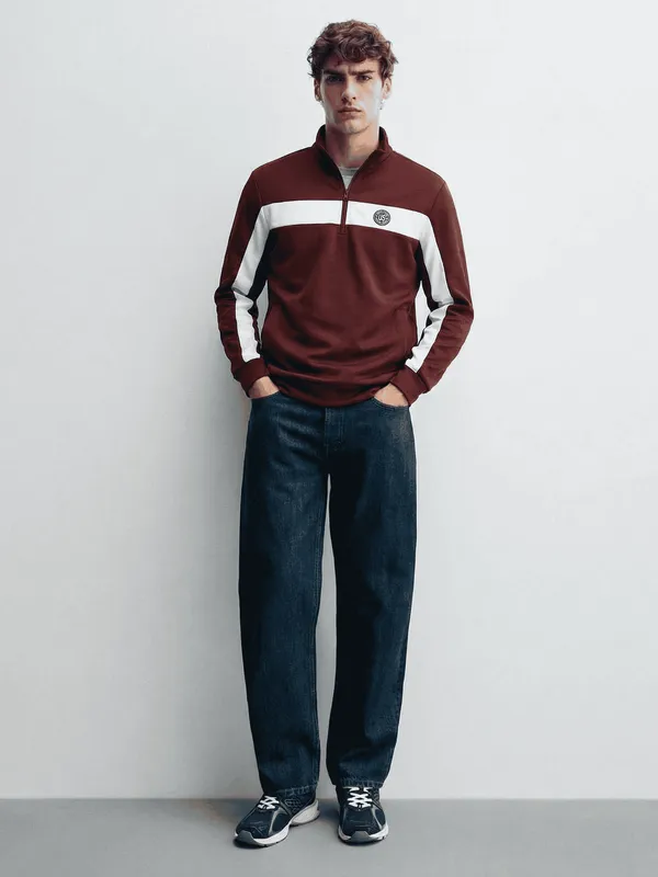 Highlander Men Maroon Mock Collar Front-Open Sweatshirt