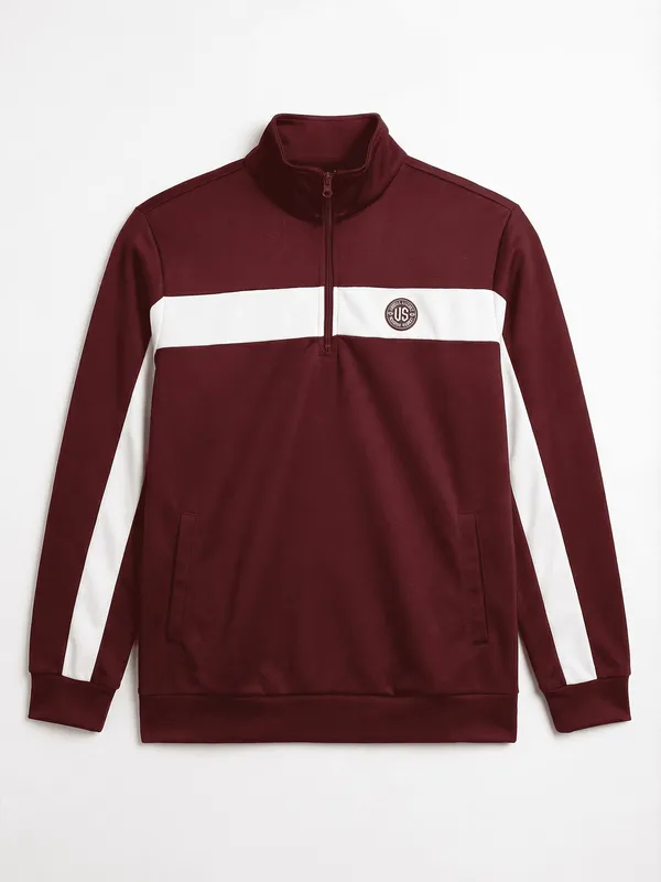 Highlander Men Maroon Mock Collar Front-Open Sweatshirt