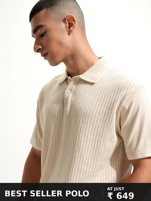 Highlander Men Off White Self Design Polo Collar T-Shirt