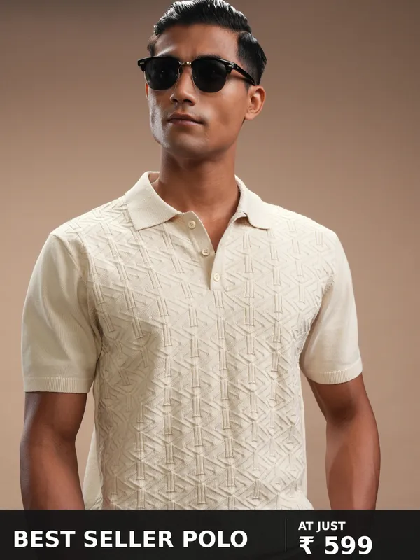 Highlander Men Beige Self Design Polo Collar T-Shirt
