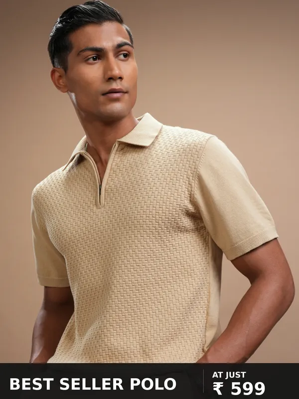 Highlander Men Beige Self Design Polo Collar T-Shirt
