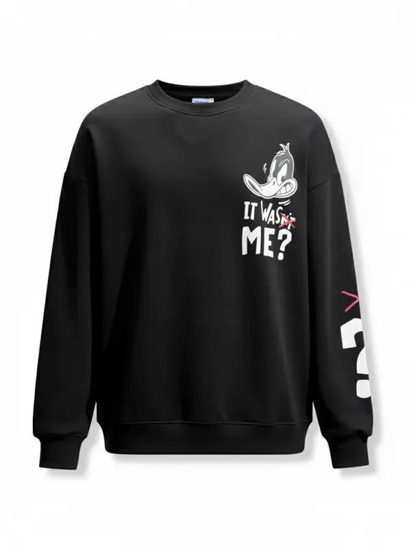 WB By Highlander Men Black Daffy Duck Round Neck Pullover Sweatshirt