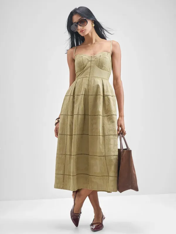 ESPYR By Tokyo Talkies Women Khaki Embroidered Fit and Flare Dress