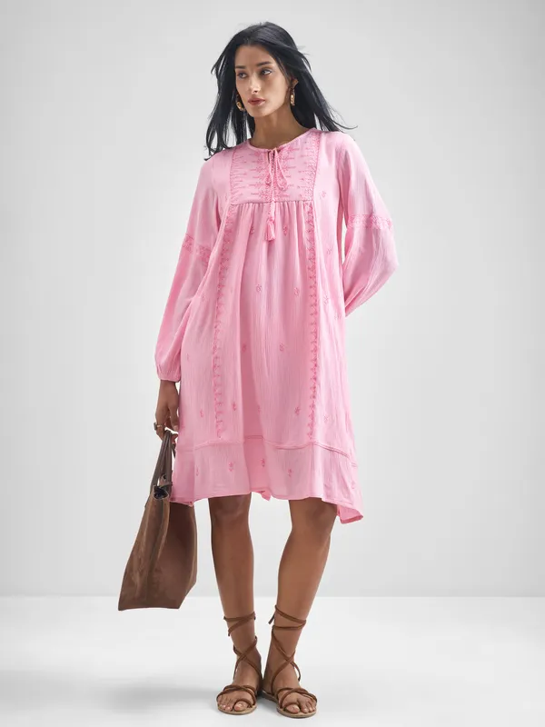 Vishudh Women Pink Embroidered A-Line Dress