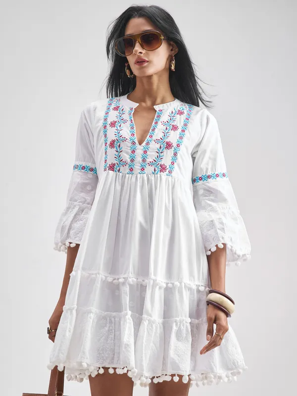 Vishudh Women White Embroidered Fit and Flare Dress