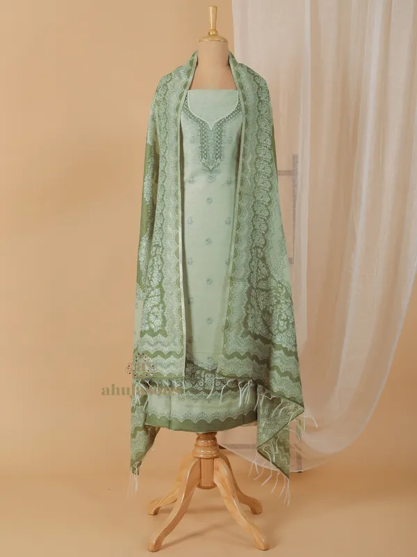 Chic Green Cotton Silk Unstitched Suit Statement