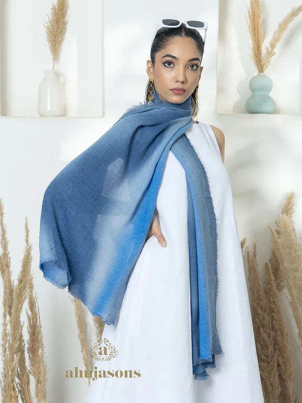 Blue Woollen Stole with Digital Weave