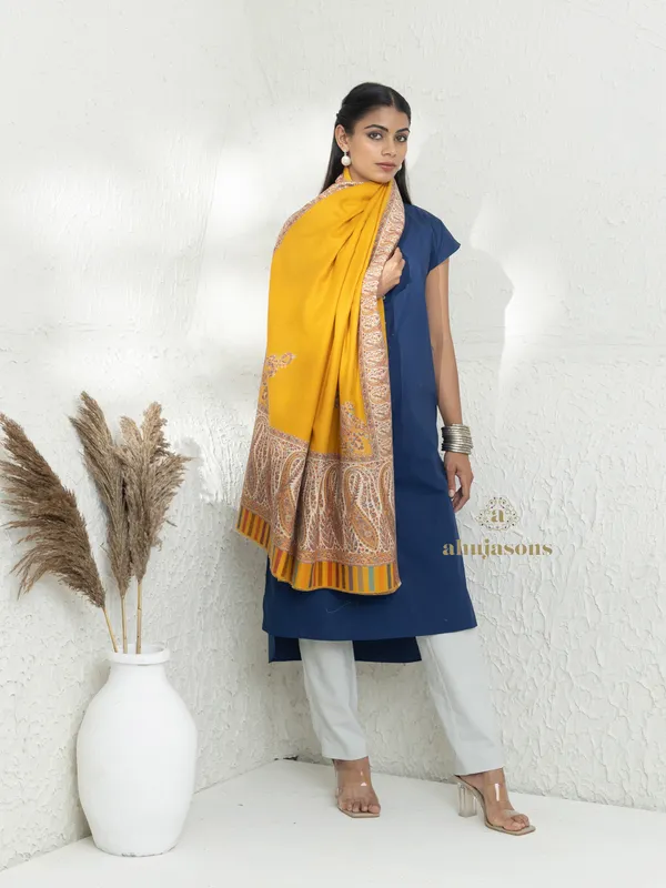 Mustard-Woollen Kani Weave Shawl with Classic Kani Motifs