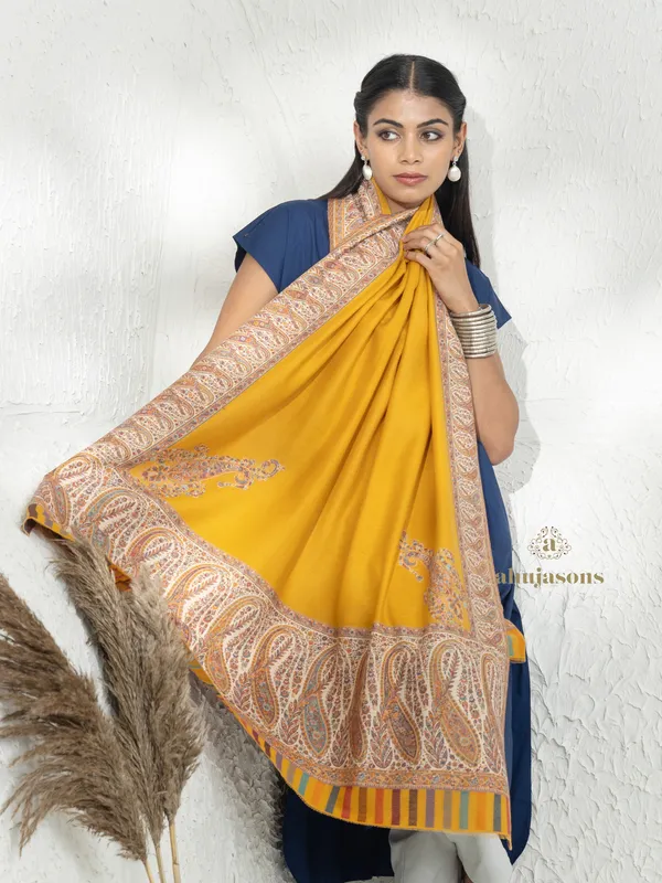 Mustard-Woollen Kani Weave Shawl with Classic Kani Motifs