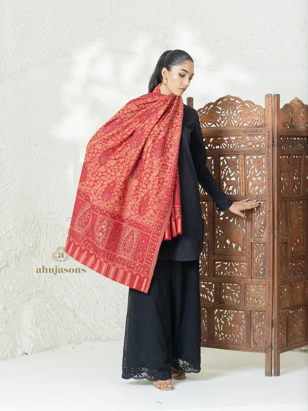 Red Woollen Shawl with Kani Zari Weave