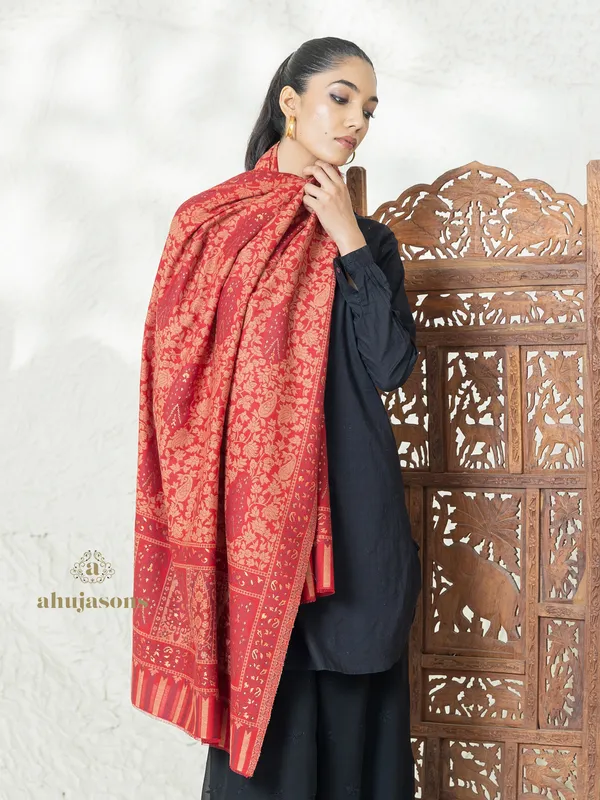 Red Woollen Shawl with Kani Zari Weave