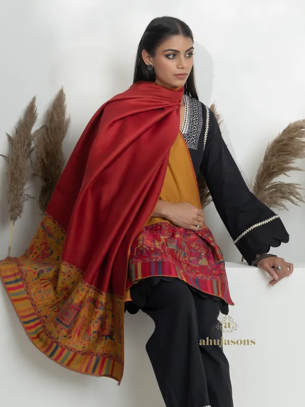 Yellow-Woollen Kani Weave Border Shawl with Reversible Kani Design