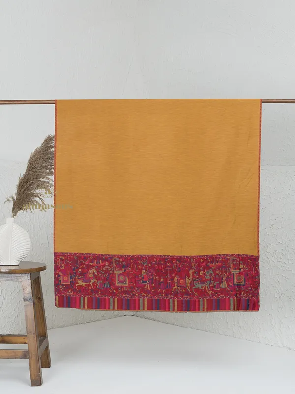 Yellow-Woollen Kani Weave Border Shawl with Reversible Kani Design