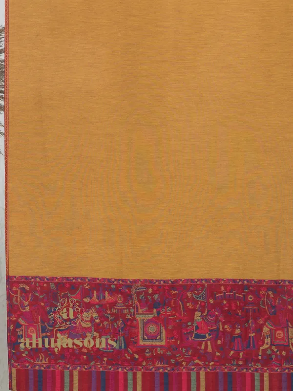 Yellow-Woollen Kani Weave Border Shawl with Reversible Kani Design