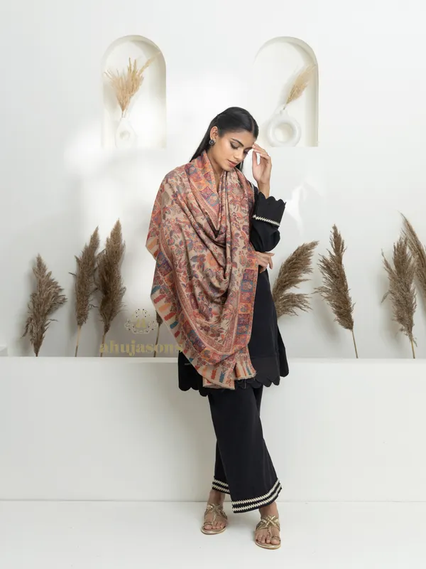 Beige-Woollen Kani Weave Shawl with Authentic Kani Motifs