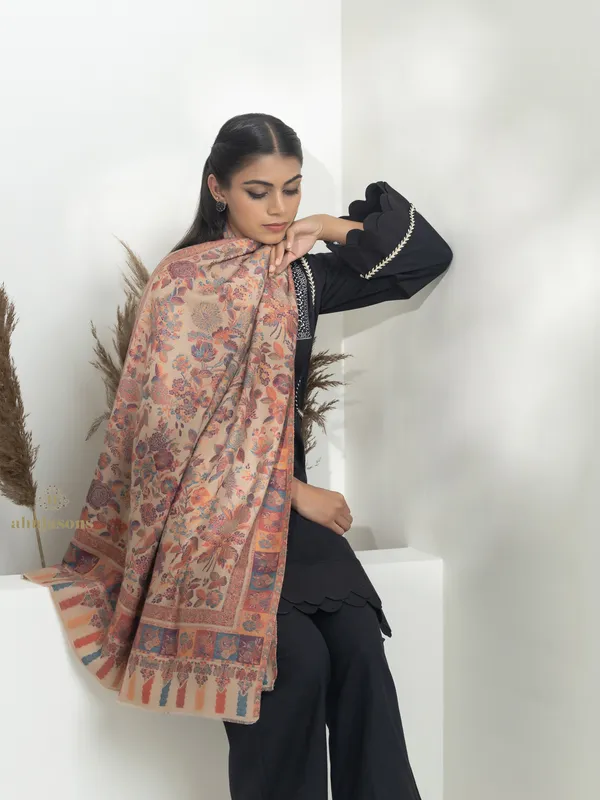 Beige-Woollen Kani Weave Shawl with Authentic Kani Motifs