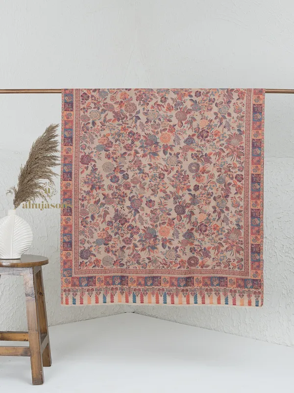 Beige-Woollen Kani Weave Shawl with Authentic Kani Motifs