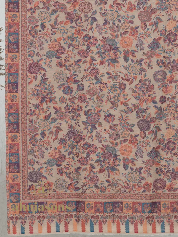 Beige-Woollen Kani Weave Shawl with Authentic Kani Motifs
