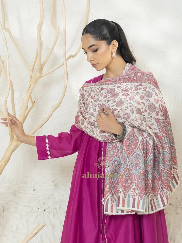 White Woollen Shawl with Kani Zari Motifs