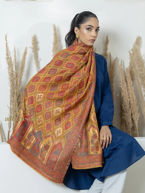 Mustard Woollen Shawl with Kani Zari Weave