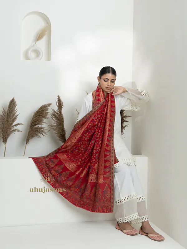 Red-Woollen Kani Weave Shawl with Reversible Kani Zari