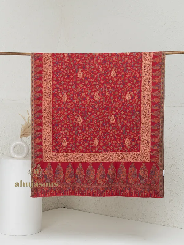 Red-Woollen Kani Weave Shawl with Reversible Kani Zari