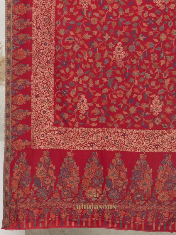 Red-Woollen Kani Weave Shawl with Reversible Kani Zari