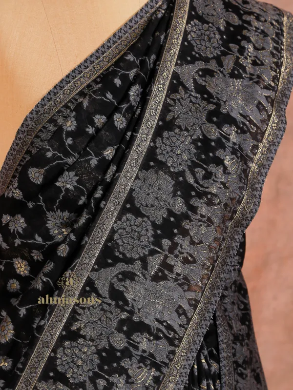 Black Cotton Silk Kani Flower Weave for Summer