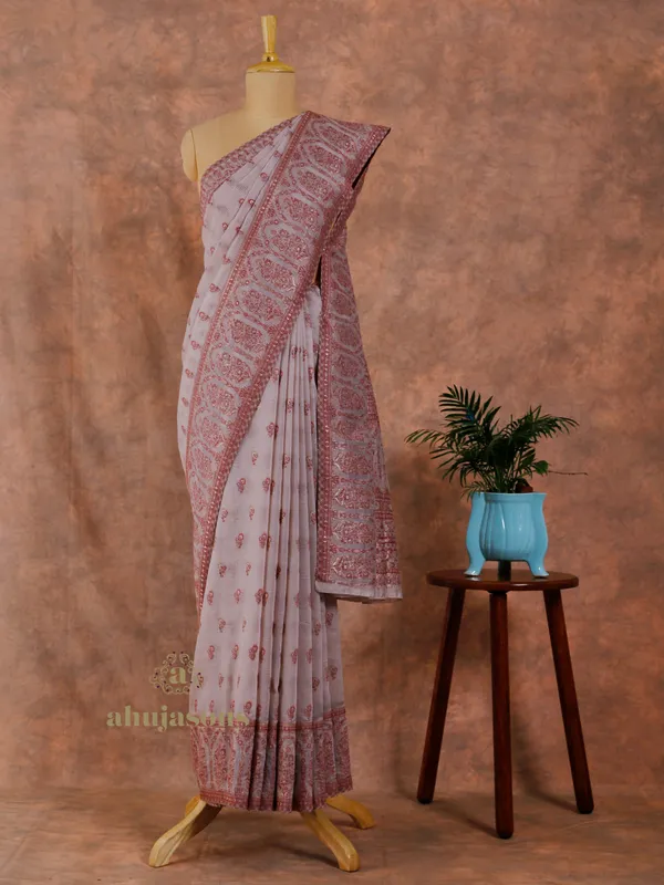 Pink Cotton Silk Kani Flower Weave with Zari Embellishment