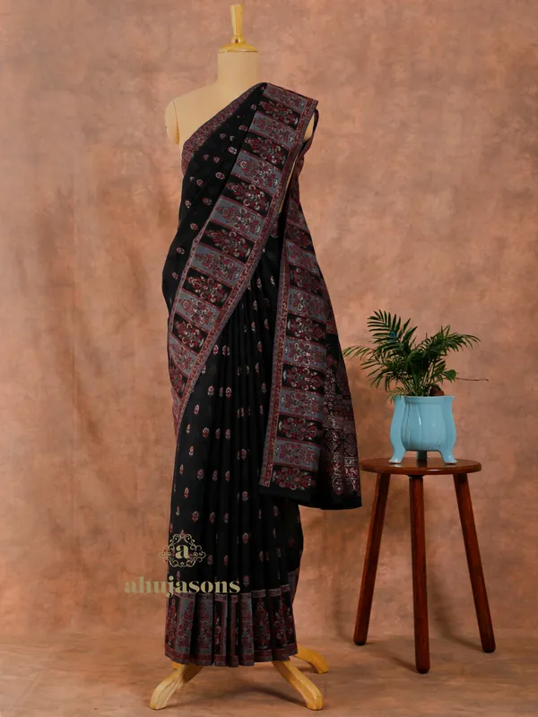 Black Cotton Silk Kani Flower Weave with Zari Embroidery