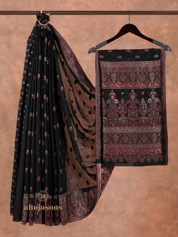 Black Cotton Silk Kani Flower Weave with Zari Embroidery