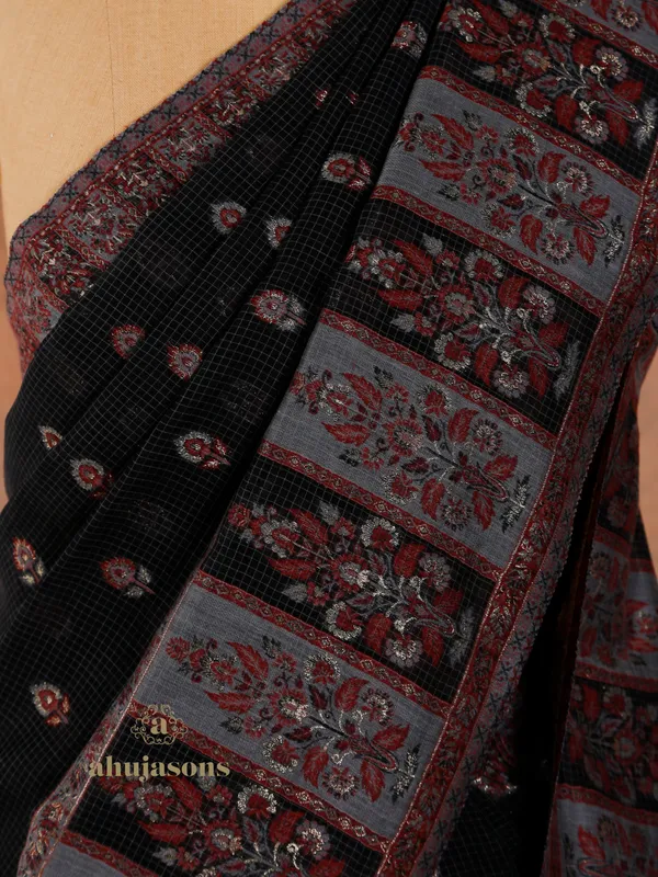 Black Cotton Silk Kani Flower Weave with Zari Embroidery