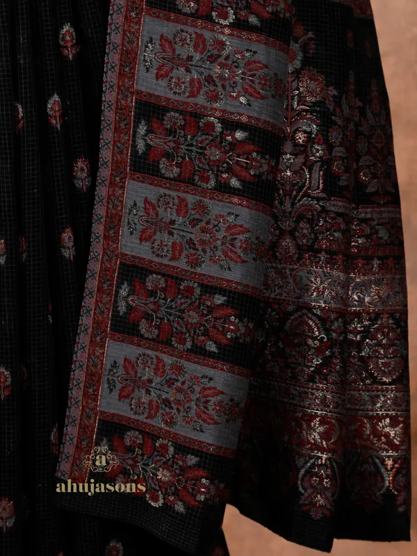 Black Cotton Silk Kani Flower Weave with Zari Embroidery