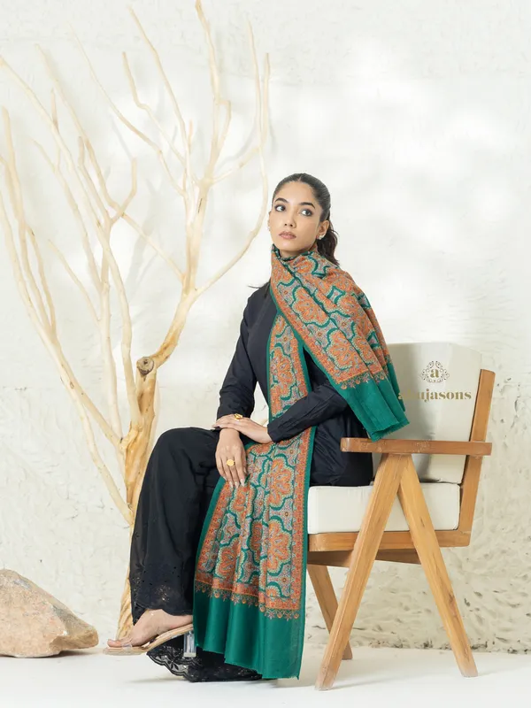 Green Woollen Shawl with Detailed Jama Weave