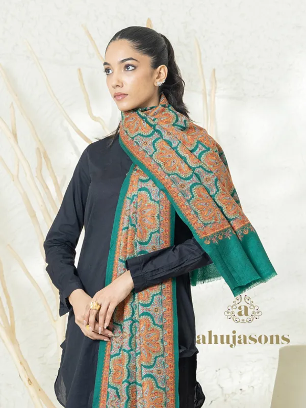 Green Woollen Shawl with Detailed Jama Weave