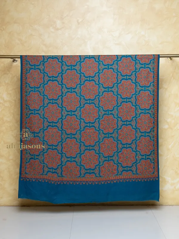 Teal Woollen Shawl with Jama Embroidery