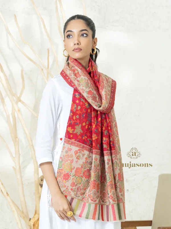 Red Woollen Shawl with Kani Classic Weave