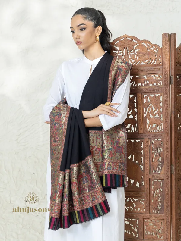 Black Woollen Shawl with Kani Palla Weave