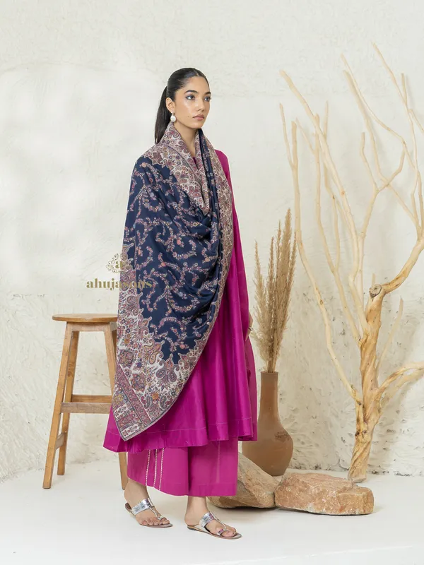 Navy Blue Woollen Shawl with Kani Traditional