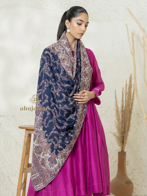 Navy Blue Woollen Shawl with Kani Traditional